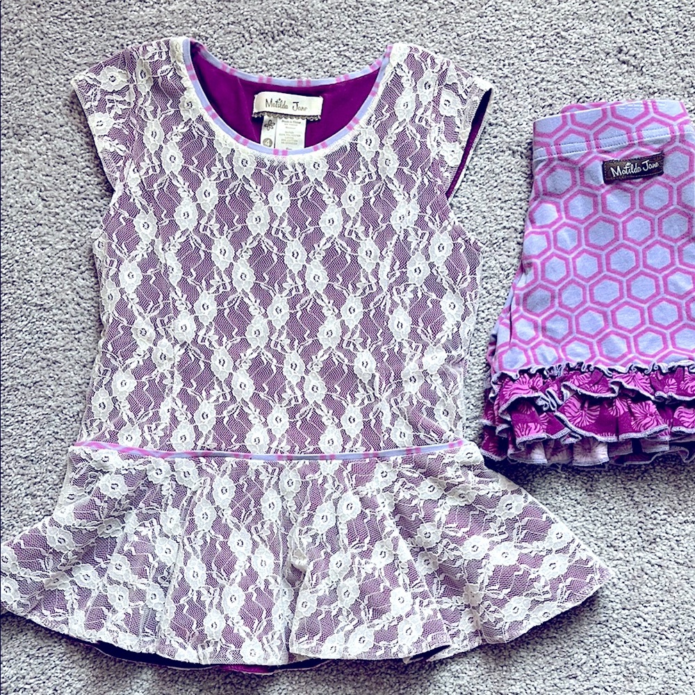 Matilda Jane Wonderful Parade Purple Lace Peplum Poet Top + Riddle Shorties Sz 4
